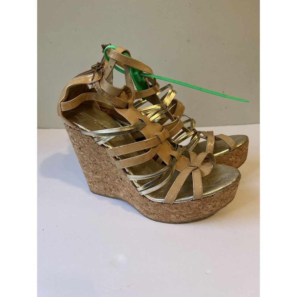 JIMMY CHOO Siz 11.5 USBeige & Silver Patent Leather Cork Wedge Platform Sandals